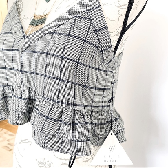 Anthropologie Lost + Wander CROP TOP Checker Ruffle Cami Top Grey Black … - Picture 5 of 13